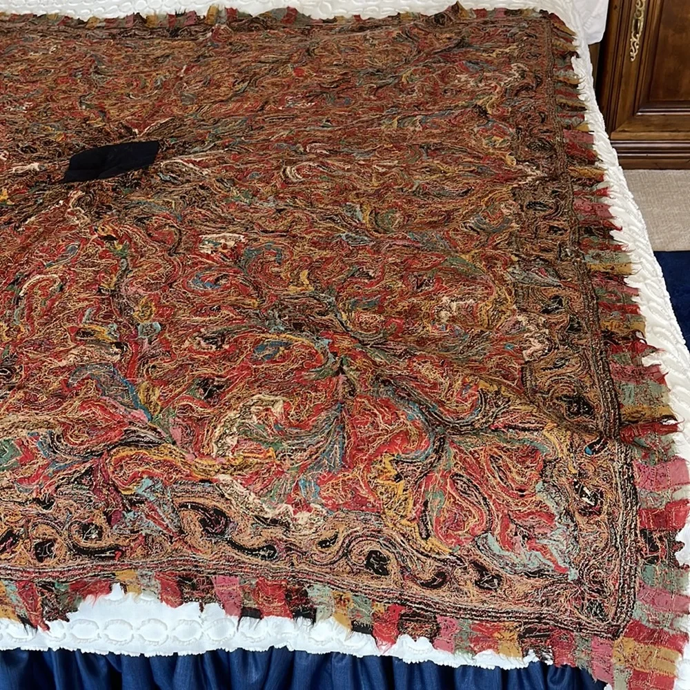 Antiquarian (1850s) Kashmir-a Wool Thread Piano Shawl: Paisley, France